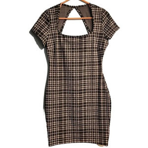 Love Tree Dress Womens Black White Medium Plaid Keyhole Open Back Sheath Fall